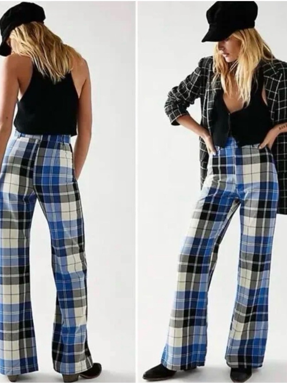 Free People Blue Plaid Wide-Leg Pants